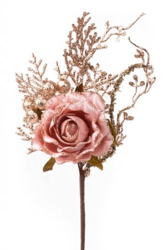 Twig MagicHome Christmas, s ružom, roza - zlatna, 26cm, pak. 6 kom