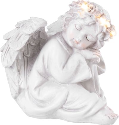 Dekoracja MagicHome, Siedzący anioł, LED, polyresin, na grób, 15x15x14,5 cm