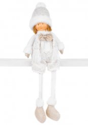 Figurină de Crăciun MagicHome, Băiat cu pălărie albă cu picioare lungi, alb-aurie, material textil, 15x10x45 cm