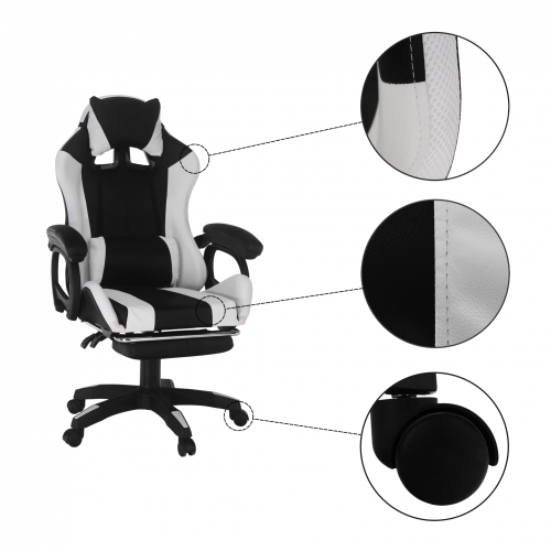 Fotel biurowy/gamingowy z podświetleniem LED RGB, czarno-biały, JOVELA
