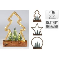 Dekorácia juta+stromčeky na pníku 30 LED stromček/hviezda/kruh mix