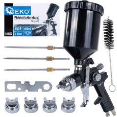 HVLP szórópisztoly 600 ml-es felső műanyag tartállyal, 4 fúvókával, GEKO