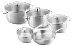 MagicHome Chloe étkészlet, serpenyő 24 cm, 3x rakott (3 l, 4 l és 6,6 l), serpenyő 2 l, üveg fedővel, rozsdamentes acél, 9 darab