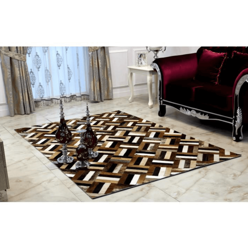 Luxusný kožený koberec, hnedá/čierna/béžová, patchwork, 120x180 , KOŽA TYP 2