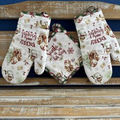 Kesztyű 2 db és 1 db konyhai lábtörlő, karácsonyi SNEHULIAKOVO fehér