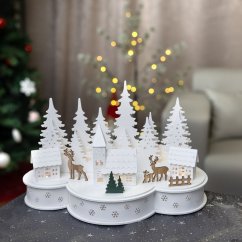 MagicHome Weihnachtsdekoration, Dorf mit Hirsch, 10 LED warmweiß, 2xAA, MDF, 30x14x19,5 cm