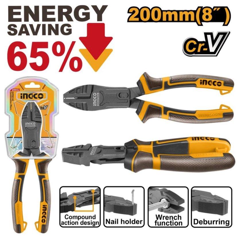Kliešte kombinované s teflonovým povrchom CrV 200mm INGCO Industrial KLC