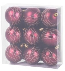 Globuri de Crăciun MagicHome, 9 buc, visiniu, mat, cu decor, pentru brad, 6 cm