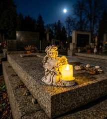 Dekoracja MagicHome, Anioł z książką i świecą, 1xLED, polyresin, na grób, 17,5x12x17,5 cm