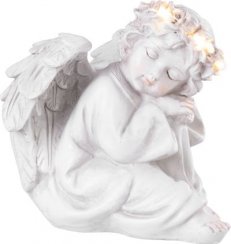 Dekorace MagicHome, Sedící anděl, LED, polyresin, na hrob, 15x15x14,5 cm