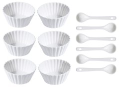 12 darabos porcelán tálkákból és kanálokból álló szett, keskeny hullámminta