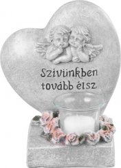 Dekorace MagicHome, Srdce s andílky, polyresin, na hrob, 15,5x12x17,5 cm, s maďarským názvem