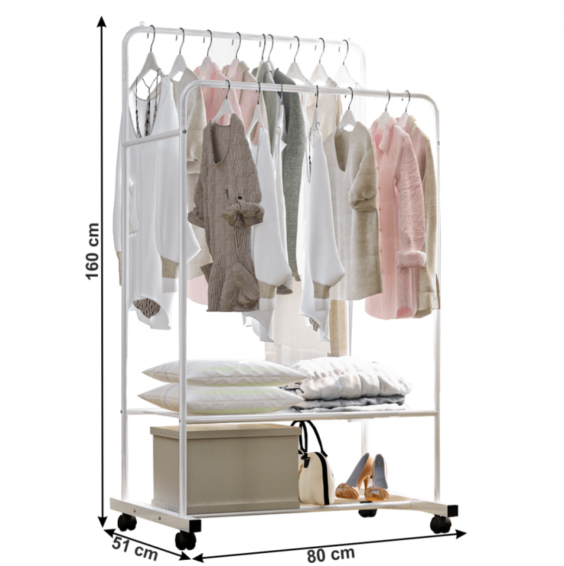 Zweireihige mobile Garderobe, mit Regalen, weiß, RAINER