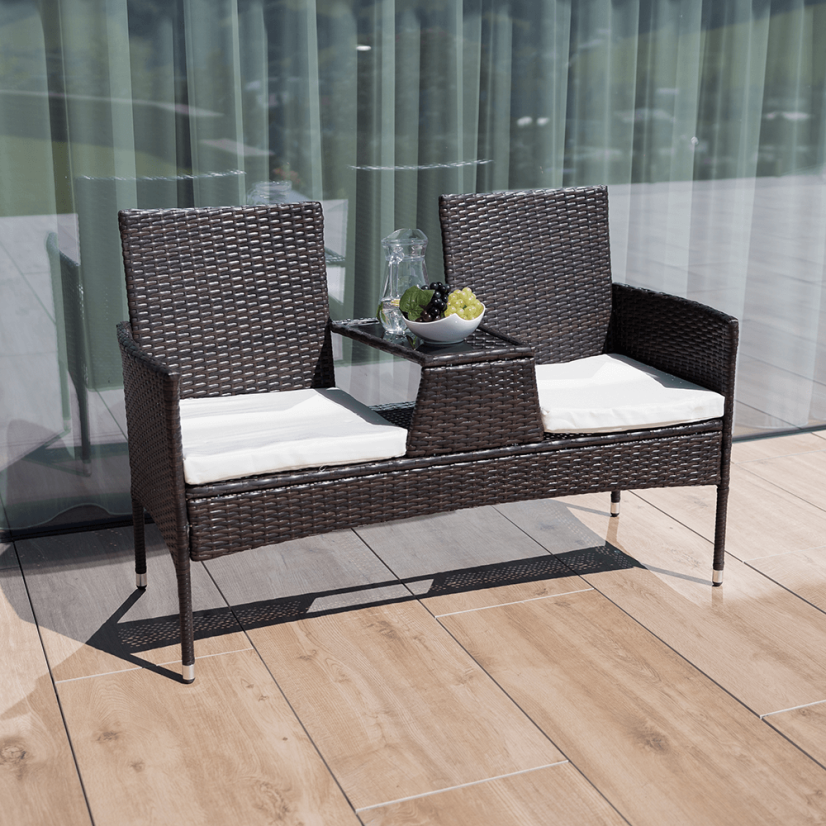 Gartenbank mit Tisch und Kissen, braun/creme, LALIT