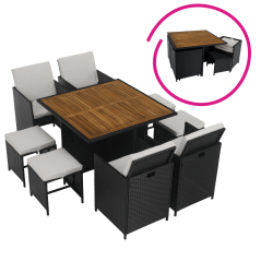 Garten-Rattan-Set, Akazienholz, schwarz/creme/natur, MELFORD