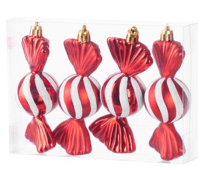 Dekoracja świąteczna MagicHome, zestaw, 4 szt., 11,5 cm, cukierki, czerwona, na choinkę