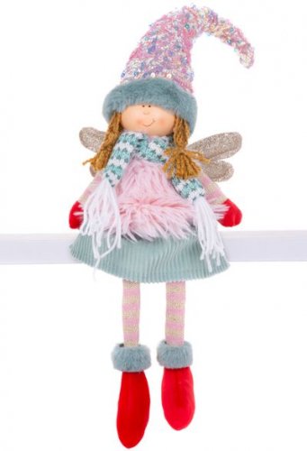 MagicHome Božićna figura, Anđeo s crvenim cipelama i dugim nogama, tkanina, ružičasto-zelena, 16x10x71 cm
