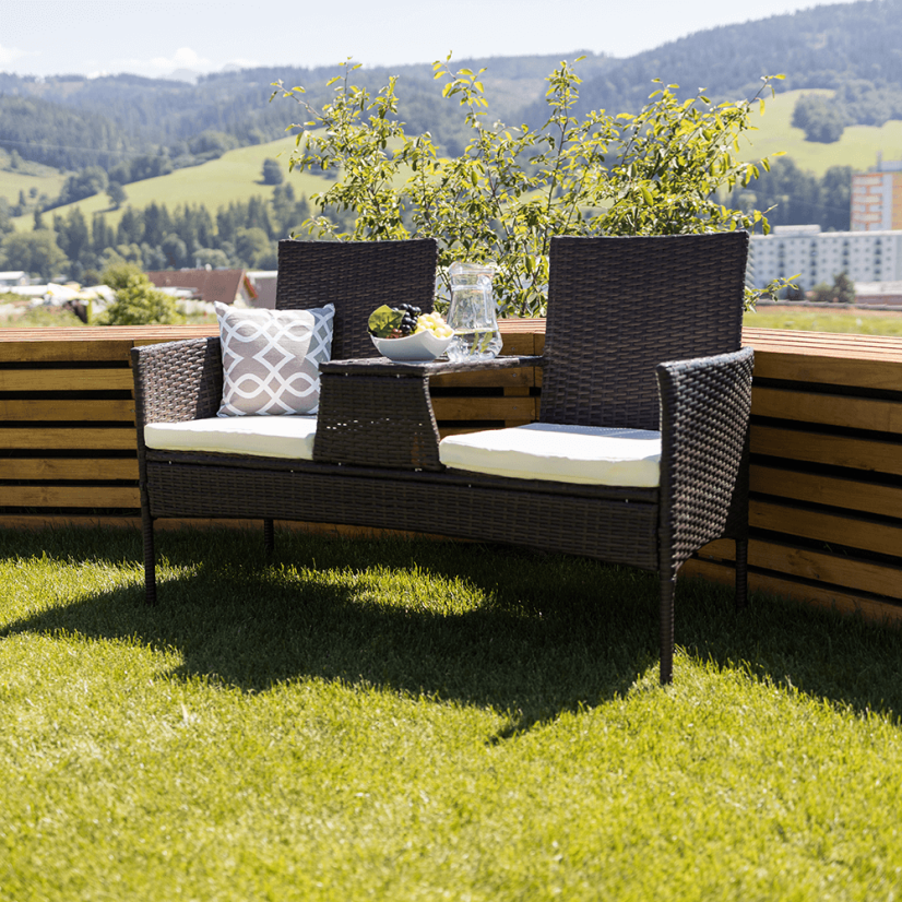 Gartenbank mit Tisch und Kissen, braun/creme, LALIT