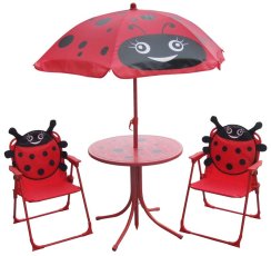 Set zahradní LEQ MELISENDA Mariquita, beruška, slunečník 105 cm, stůl 50 cm, 2 židle, dětský