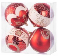 MagicHome karácsonyi labdák, 4 db, piros, díszekkel, karácsonyfához, 10 cm