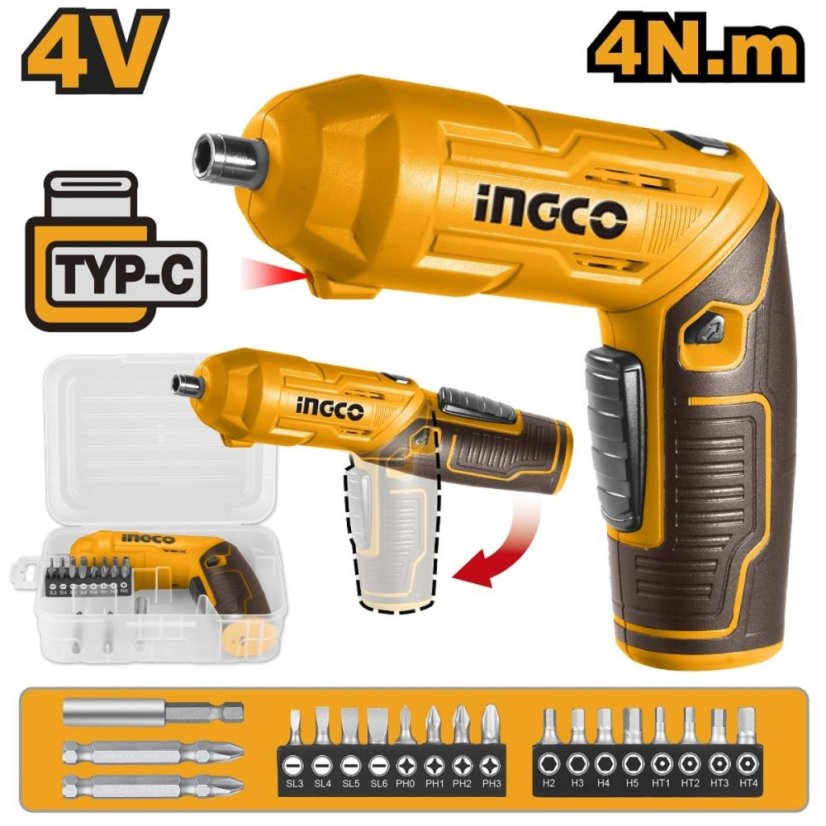 Izvijač CSDLI0442 + komplet nastavkov 19 kosov INGCO AKU 4V z vgrajeno baterijo