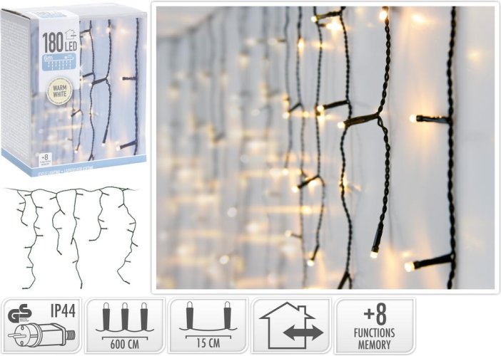 Karácsonyi jégcsap lámpa 180 LED meleg fehér, 6 m, funkciókkal, kültéri/beltéri