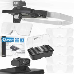 Zestaw lup z mocowaniem na głowę i oświetleniem LED, GEKO