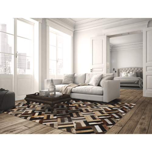 Luxus-Lederteppich, braun/schwarz/beige, Patchwork, 70x140, LEDERTYP 2