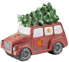 MagicHome karácsonyi dekoráció, Mikrobusz fával, 1 LED, 3xAAA, kerámia, 35x19x29 cm