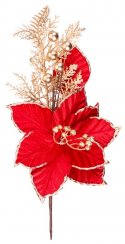 MagicHome karácsonyi virág, Mikulásvirág, piros, arany díszítéssel, szár, virág mérete: 31 cm