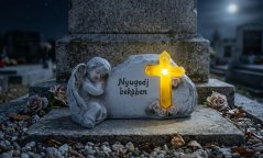 Dekoracja MagicHome, Anioł z krzyżem, poliresin, na grób, solar, 20,5x11x11 cm, op. 2 szt., z węgierskim tytułem