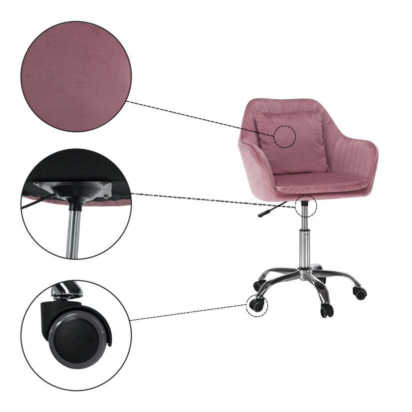 Bürostuhl, rosa Samtstoff/Chrom, KLIAN