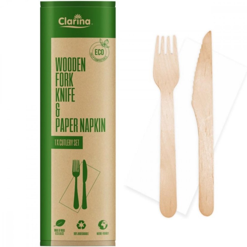 Gabel, Messer, Serviette (Besteckset) Einweg, aus Holz