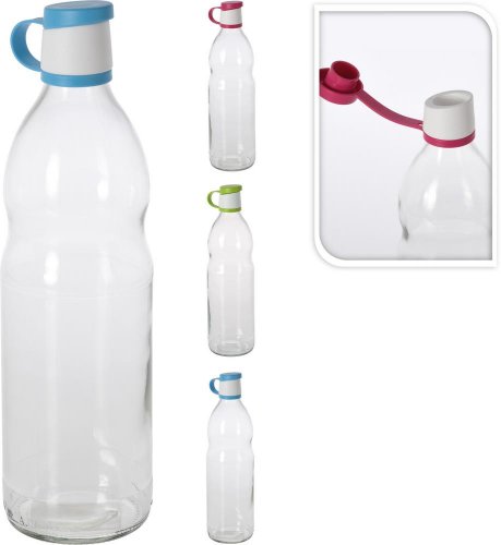 Sportflasche Glas 1L 8cm, mit Deckel, mix