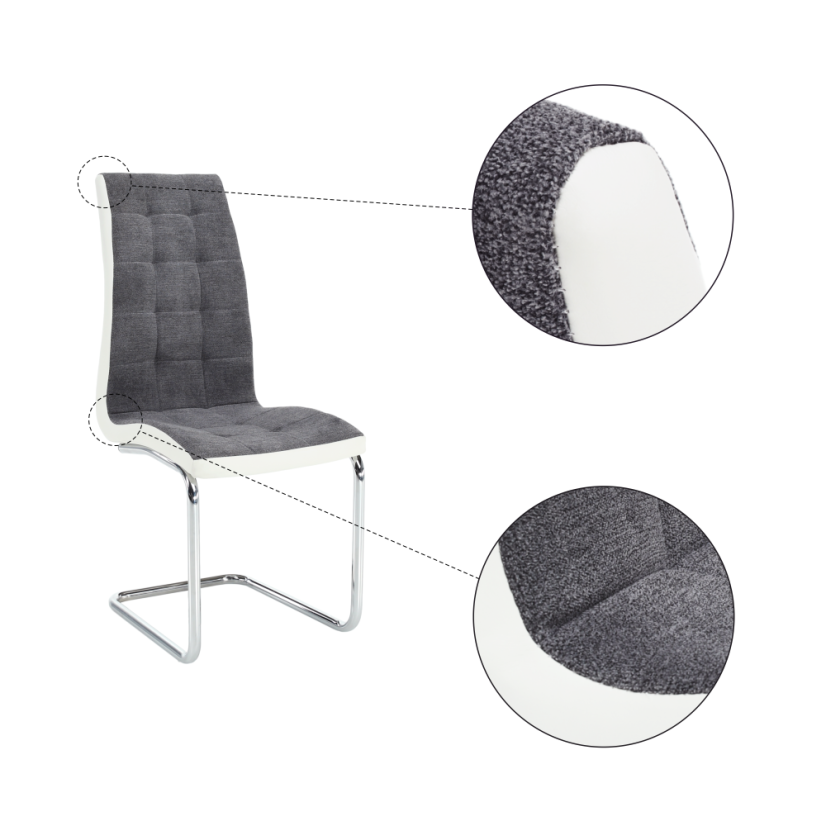 Esszimmerstuhl, dunkelgrauer Stoff/weißes Öko-Leder/Chrom, SALOMA NEU