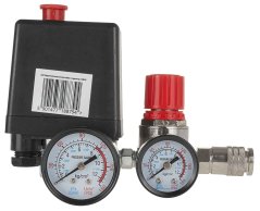 Nyomáskapcsoló kompresszorhoz 0-5 bar, 230V, 1 kimenet 1/4", 2 nyomásmérővel, GEKO