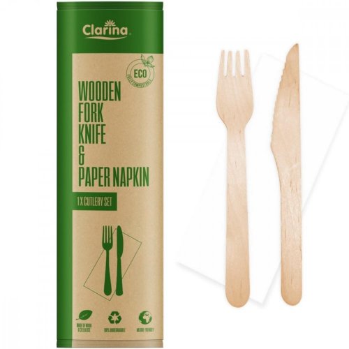 Vilice, nož, prtički (komplet jedilnega pribora) za enkratno uporabo, leseni