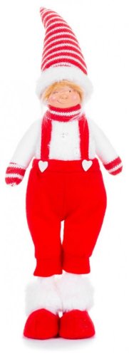 Figura MagicHome Crăciun, Băiat în pantaloni, material, roșu-alb, 17x13x48 cm