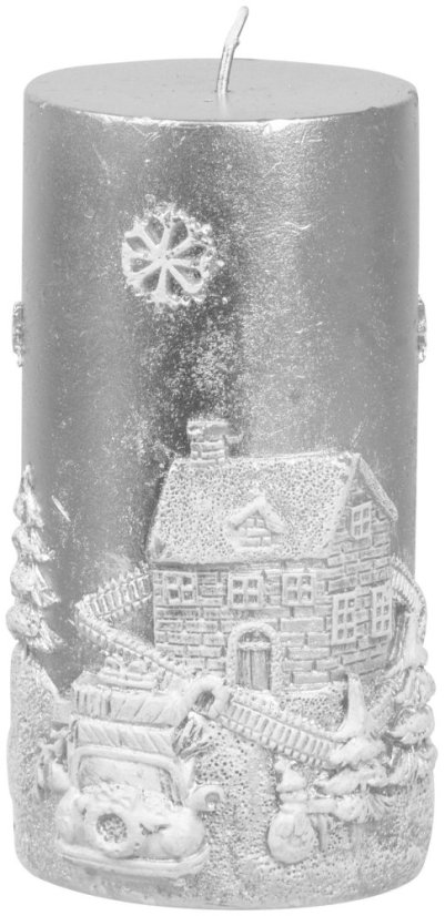 MagicHome Weihnachtskerze, 7x12,5 cm, silber, mit Landschaft