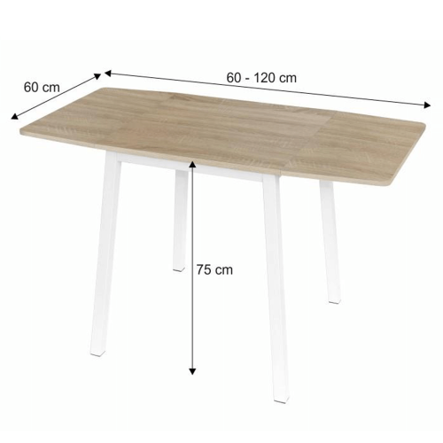 Blagovaonski stol, MDF folija/metal, sonoma hrast/bijela, 60-120x60 cm, MAURO