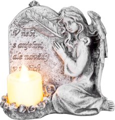 Decor MagicHome, Înger cu lumânare, LED, polirășină, pentru mormânt, 12x8x12 cm