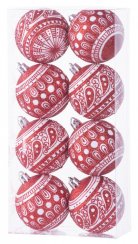 MagicHome karácsonyi labdák, 8 db, 6 cm, piros, fehér díszes, karácsonyfára