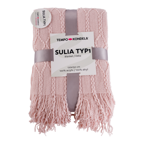 TEMPO-KONDELA SULIA TIP 1, pletena odeja z resicami, svetlo roza, 120x150 cm