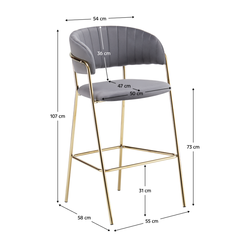 Designer Barhocker, graubrauner Samtstoff/goldchrom, DASMIN TYP 2