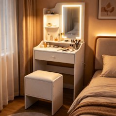 Kozmetický stolík so zrkadlom a LED osvetlením v 3 farbách, police, zásuvka, stolička ModernHome (akce)