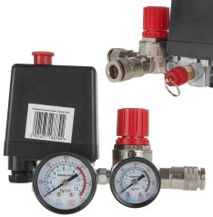 Nyomáskapcsoló kompresszorhoz 0-5 bar, 230V, 1 kimenet 1/4", 2 nyomásmérővel, GEKO
