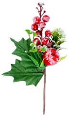 MagicHome Weihnachtszweig, mit Beeren und einem Apfel, rot, Frosteffekt, 22 cm