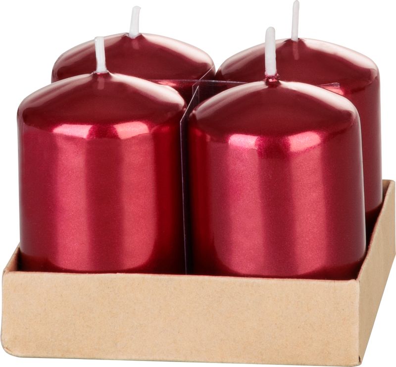 MagicHome Weihnachtskerze, 4x6 cm, zylindrisch, Packung. 4 Stück, rot, Metallic-Effekt, Advent
