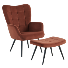 Sessel mit Fußhocker, brauner Samtstoff/schwarz, HABEN