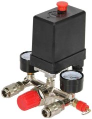 Nyomáskapcsoló kompresszorhoz, 6-8 bar, 400V, 2 kivezetés 1/4" nyomásmérővel, MAR-POL